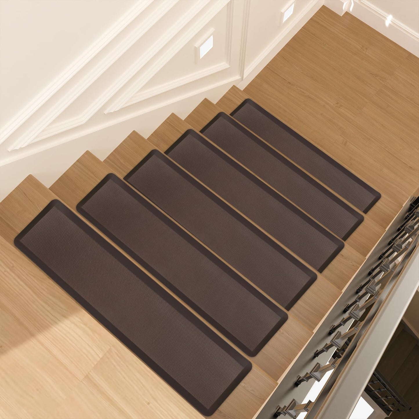 PURE ERA Cushioned Stair Mat, 8 x 30 Inch Non-Slip Stair Treads, Staircase Step Treads Foam Stair Pads, Tape Free Durable Stair Treads for Wooden Steps Washable, Easy to Clean (6 Pieces, Brown)
