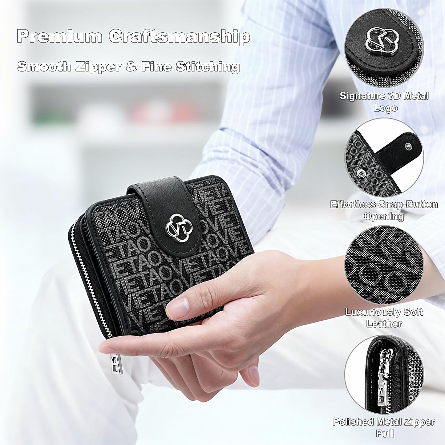 VelaStyle Credit Card Wallets for Women, Leather Cardholder with Zipper Around, Small Rfid Ladies Wallet, Accordion Compact Bifold Purse for Travel, 19 Card Slots, ID Window, Cash Organizer - Black