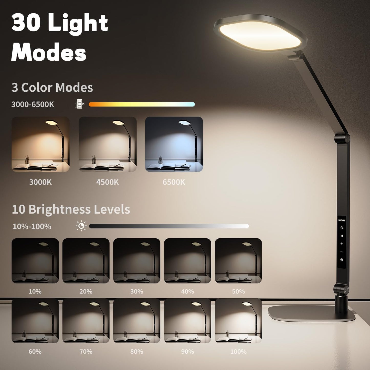 LitONES LED Desk Lamp for Home Office, Professional Eye-Caring Diffused Desk Light, 3 Color 10 Brightness Computer Light, Dimmable Office Lamp with Memory & Timer Func, Metal Swing Arm Table Lamp