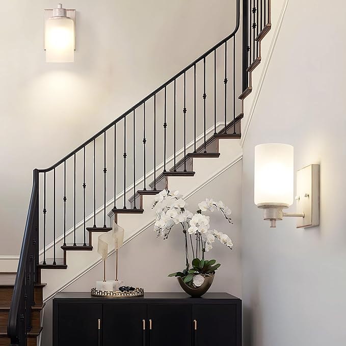 2 Pack Bath Vanity Light Fixture, Modern Indoor Wall Scone Lighting with Opal White Glass Shade, White Gold Wall Lamps