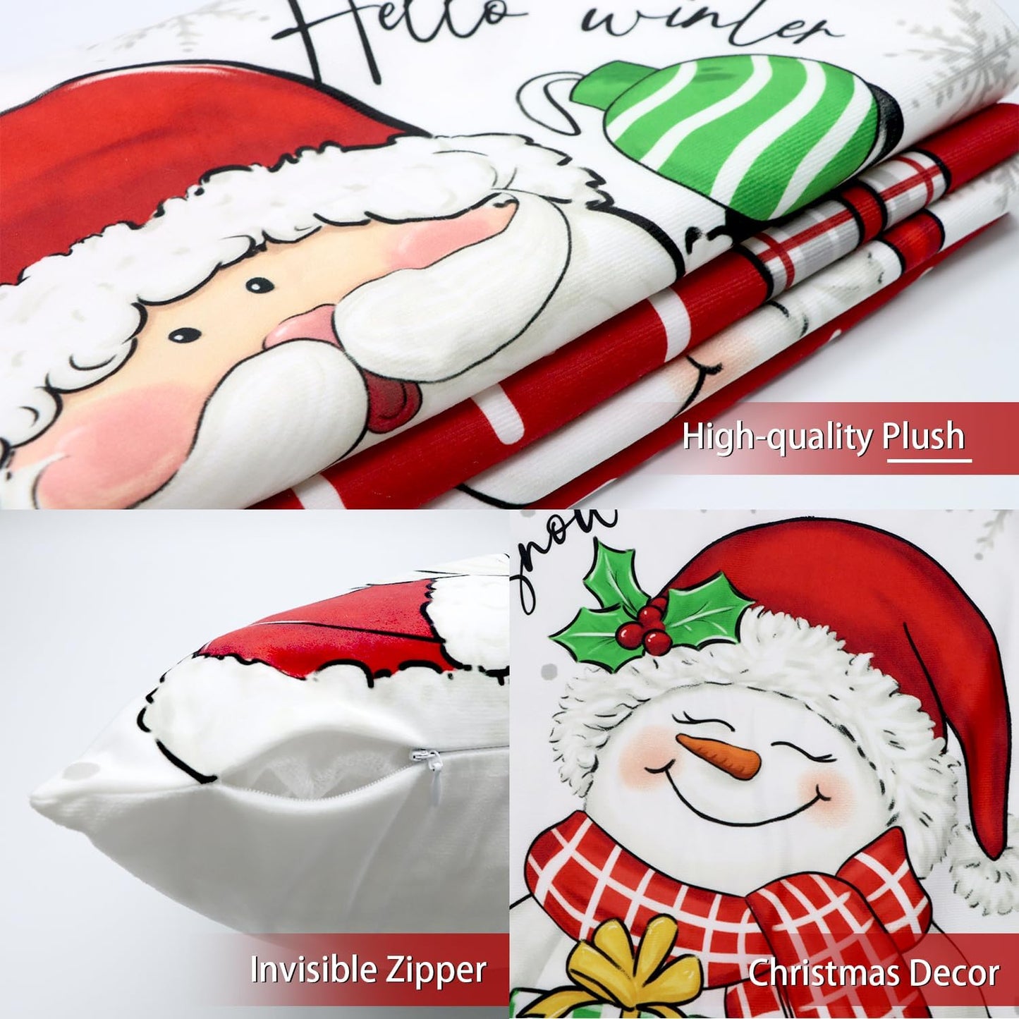 RidaaFri Christmas Pillow Covers 18x18 Inch Set of 4 Merry Christmas Red Throw Pillow Cases Winter Holiday Cushion Case Snowman Santa Claus Xmas Decorations for Home