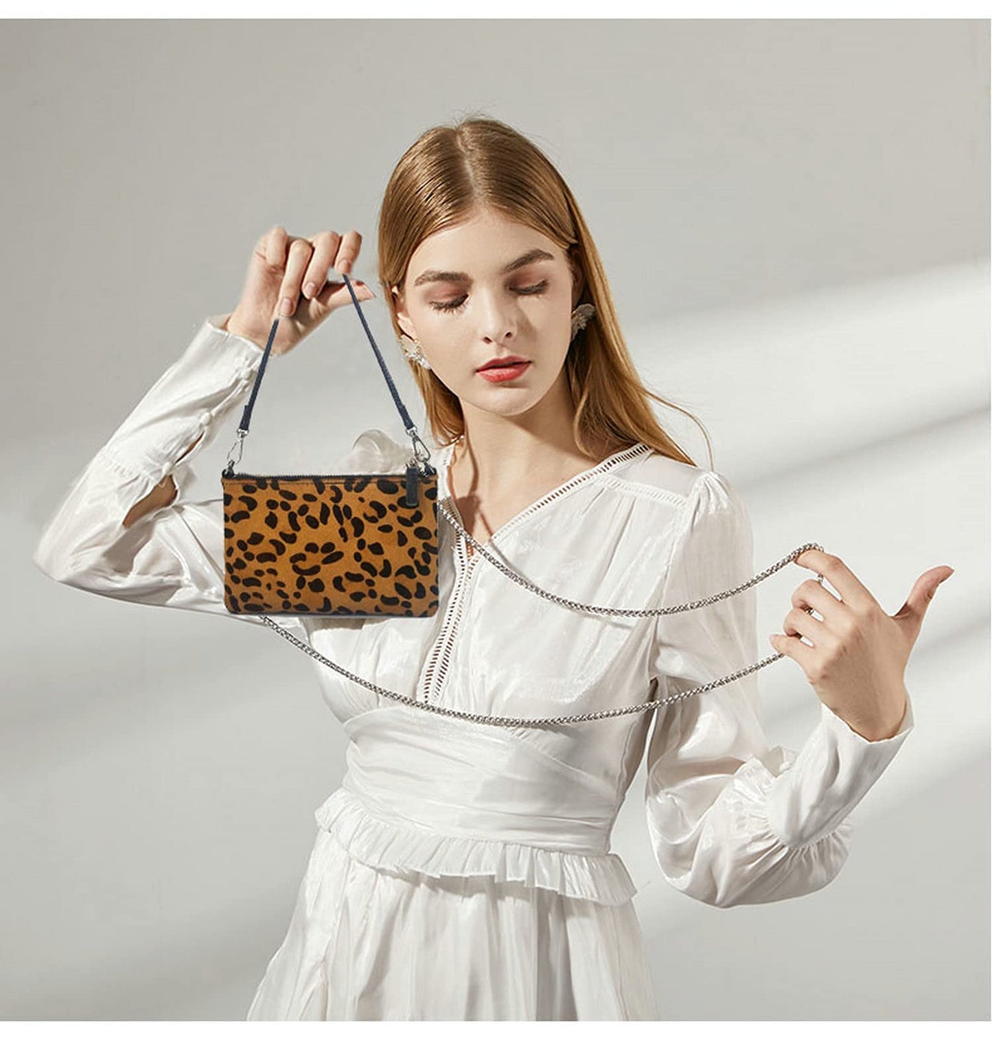 Leopard Print Purse [ Calf Hair on Hide Leather] Fur Clutch [Luxury Exclusive] Wild Animal Pattern Vintage [Small] Evening Bag Winter Envelope Chain Underarm
