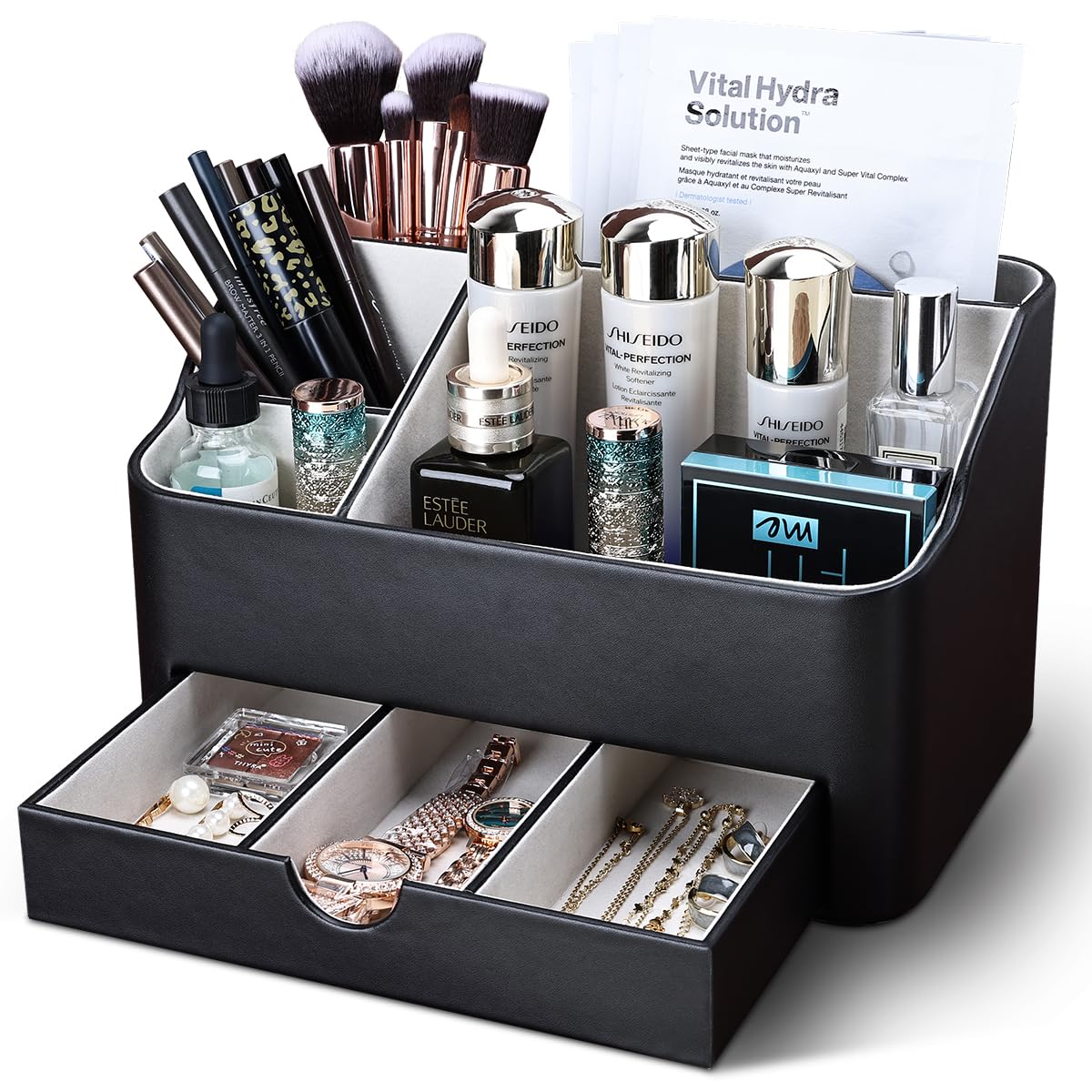 KINGFOM Desk Organizer with Drawer, Multifunction Pencil Holder for Desk, Desk Organizer and Accessories 5 Compartments for Home Office Supplies (Black)