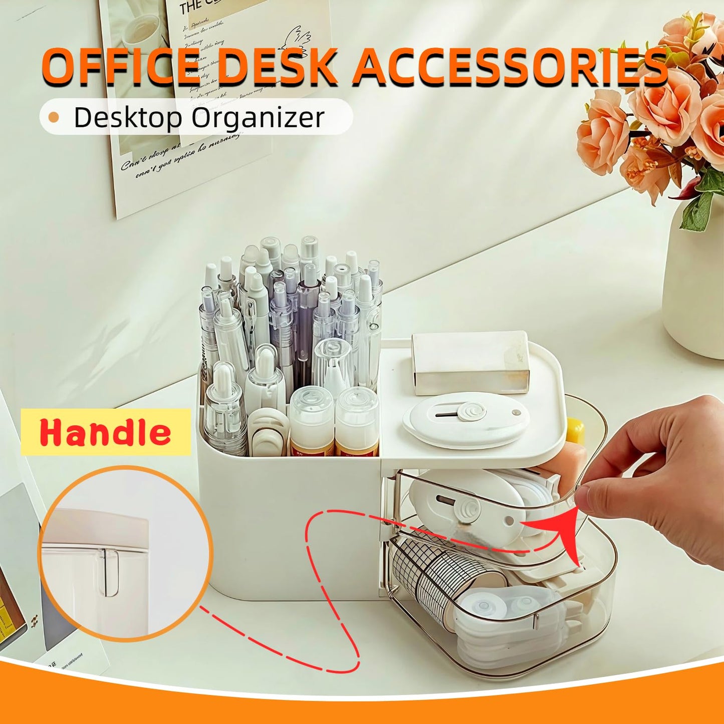 SHUTKMVCW Desk Organizer with 3 Compartments and 2 Drawers, Multi-Functional Pencil Holder for Desk Organizers and Accessories for School, Home, Office Supplies, ‎6.89" x3.54" x 3.62''