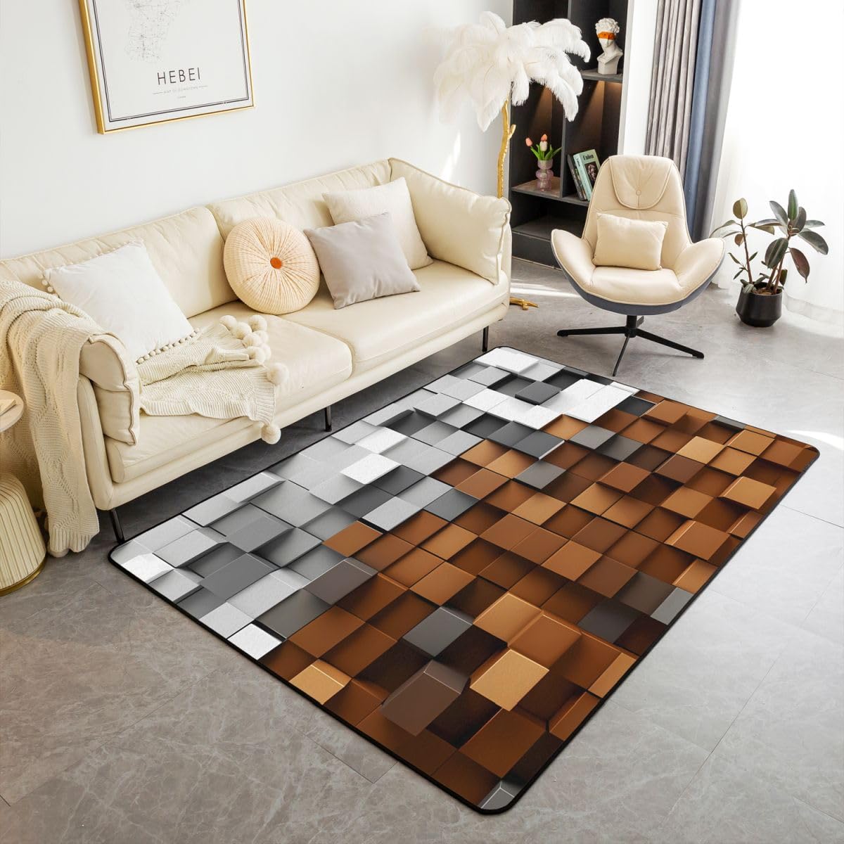 Pixelated Brown Gray Area Rug 3x5 Kids,Geometric Check Video Games Indoor Floor Mat for Boys Girls Teens,Gamepad Grid Decor Carpet Breathable Soft Microfiber Living Room Rugs for Bedroom Room Decor