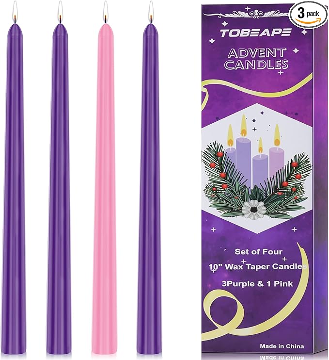 Christmas Advent Candle Set (Set of 4), 10 Inch Christmas Wax Taper Candles, 8 Hours Long Burning Time Dripless Unscented Dinner Candle, 3 Purple & 1 Pink
