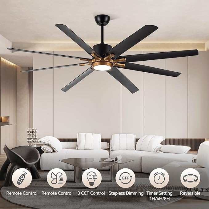 72 Inch Large Ceiling Fan with Light and Remote Control, 8 Blades Modern Ceiling Fan with Reversible DC Motor, Stepless Dimmable, Quiet for Indoor Use, Black and Gold