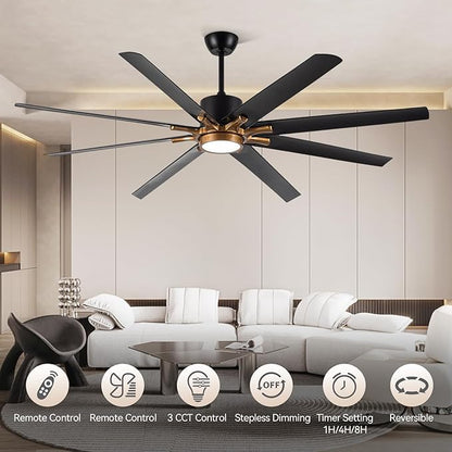 72 Inch Large Ceiling Fan with Light and Remote Control, 8 Blades Modern Ceiling Fan with Reversible DC Motor, Stepless Dimmable, Quiet for Indoor Use, Black and Gold