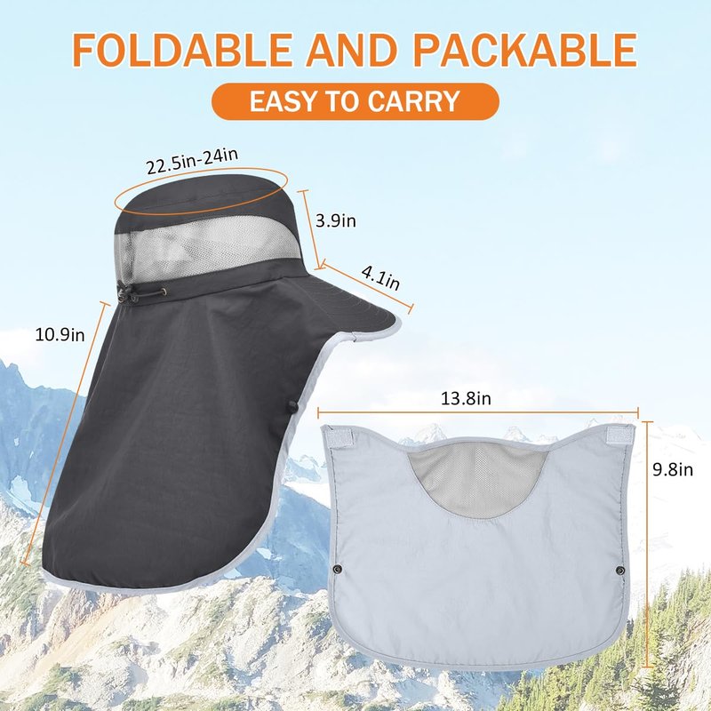 ZEXIAN Men&Women Wide Brim Fishing Ponytail Sun Hat with Removable Face and Neck Flap UPF 50+ UV Protection Safari Cap (US, Alpha, One Size, Dark Grey+Dark Grey)
