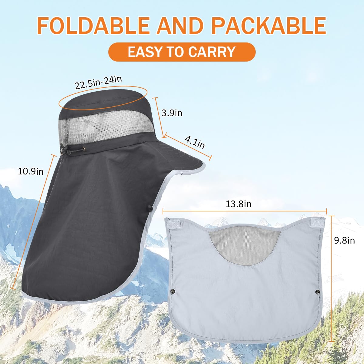 ZEXIAN Men&Women Wide Brim Fishing Ponytail Sun Hat with Removable Face and Neck Flap UPF 50+ UV Protection Safari Cap (US, Alpha, One Size, Dark Grey)