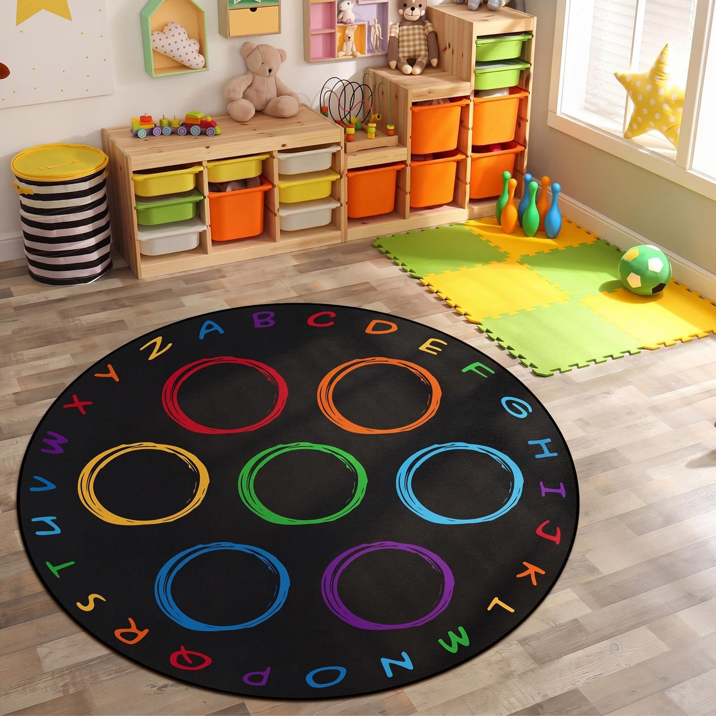 Teenyyou 6.5 ft Classroom Rug with Colorful Circle Kindergarten Educational Large Area Rug Kids Room Children Classroom Carpet Playroom Learning Preschool School Decor Seating Carpet 7 Seats