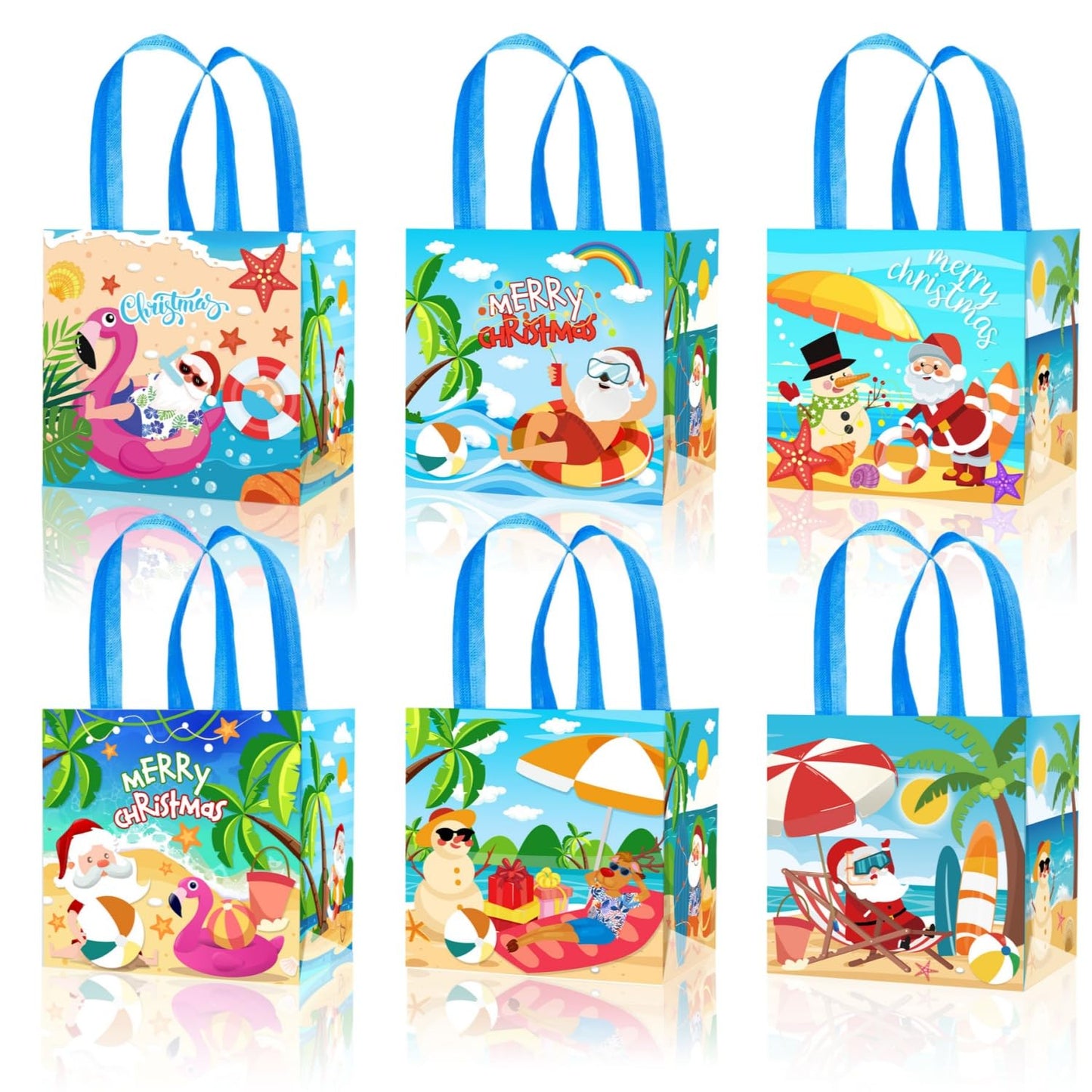 KYMY 6PCS Summer Christmas Party Favor Bags, Tropical Hawaiian Non-Woven Gift Totes with Handles, Beach Treat Bags with Santa & Flamingo for July Xmas Luau Holiday Party Decorations