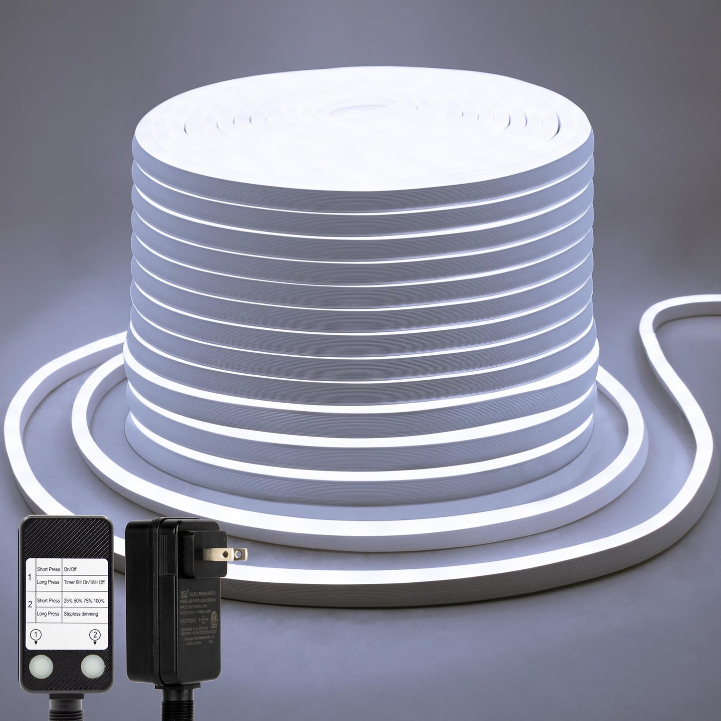 DBFAIRY 66Ft LED Neon Rope Lights, 24V Dimmable 2400LEDs Strip Neon Light 6000K Flexible Silicone Rope Lights Super Bright IP67 Waterproof with Timer Function for Indoor Outdoor Decor(Cool White)