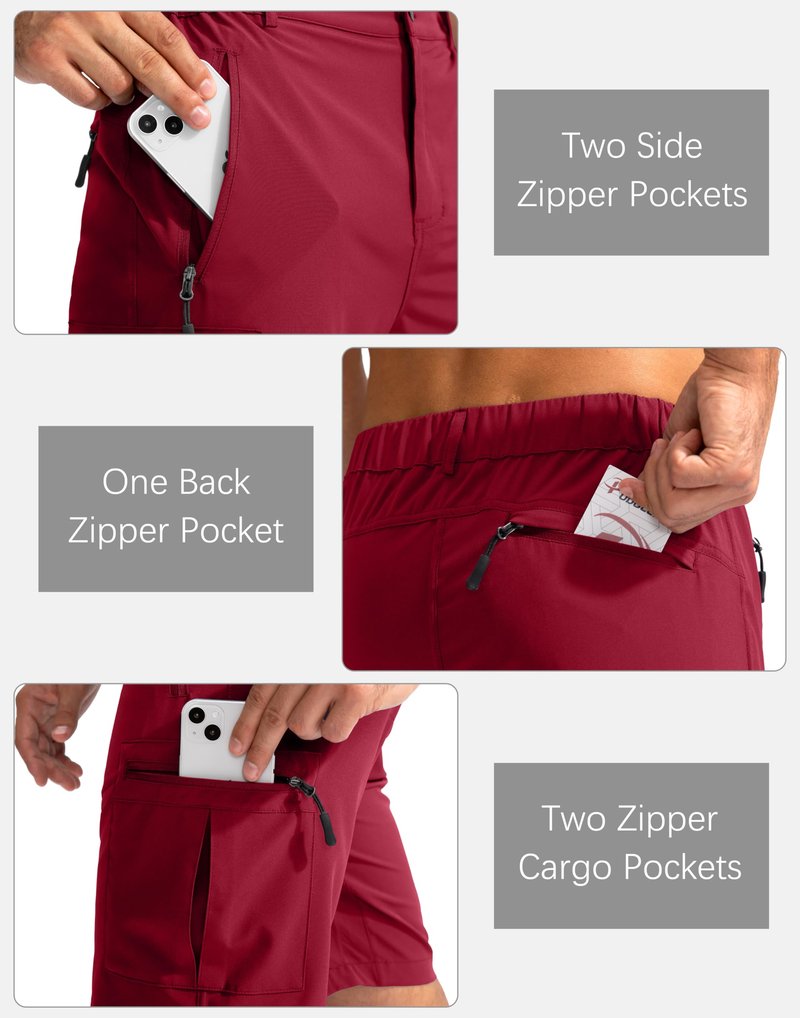 Pudolla Men's Hiking Cargo Shorts 9" Lightweight Outdoor Work Shorts for Men Travel Golf Camping Casual with 5 Zipper Pockets(Red X-Large)