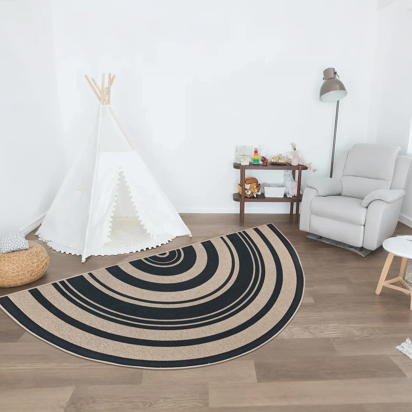 Lacomfy Easy Jute Rug 3x6Ft Half Circle Rainbow Carpet for Farmhouse Bedroom Carpet, Non-Slip Half Round Thin Neutral Floor Mat for Living Room Patio Kids Room Kitchen, Indoor Outdoor, Black 1