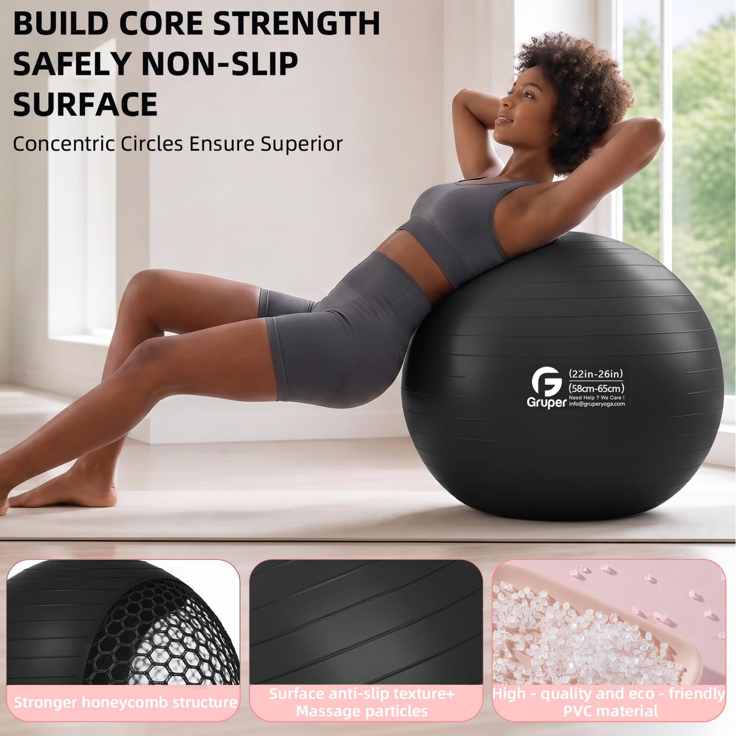 Gruper Exercise Ball, Extra Thick Yoga Ball for Working Out, Yoga & Pregnancy, 4 Sizes Anti-Burst Balance Ball with Foot Pump for Pilates, Physical Therapy & Fitness