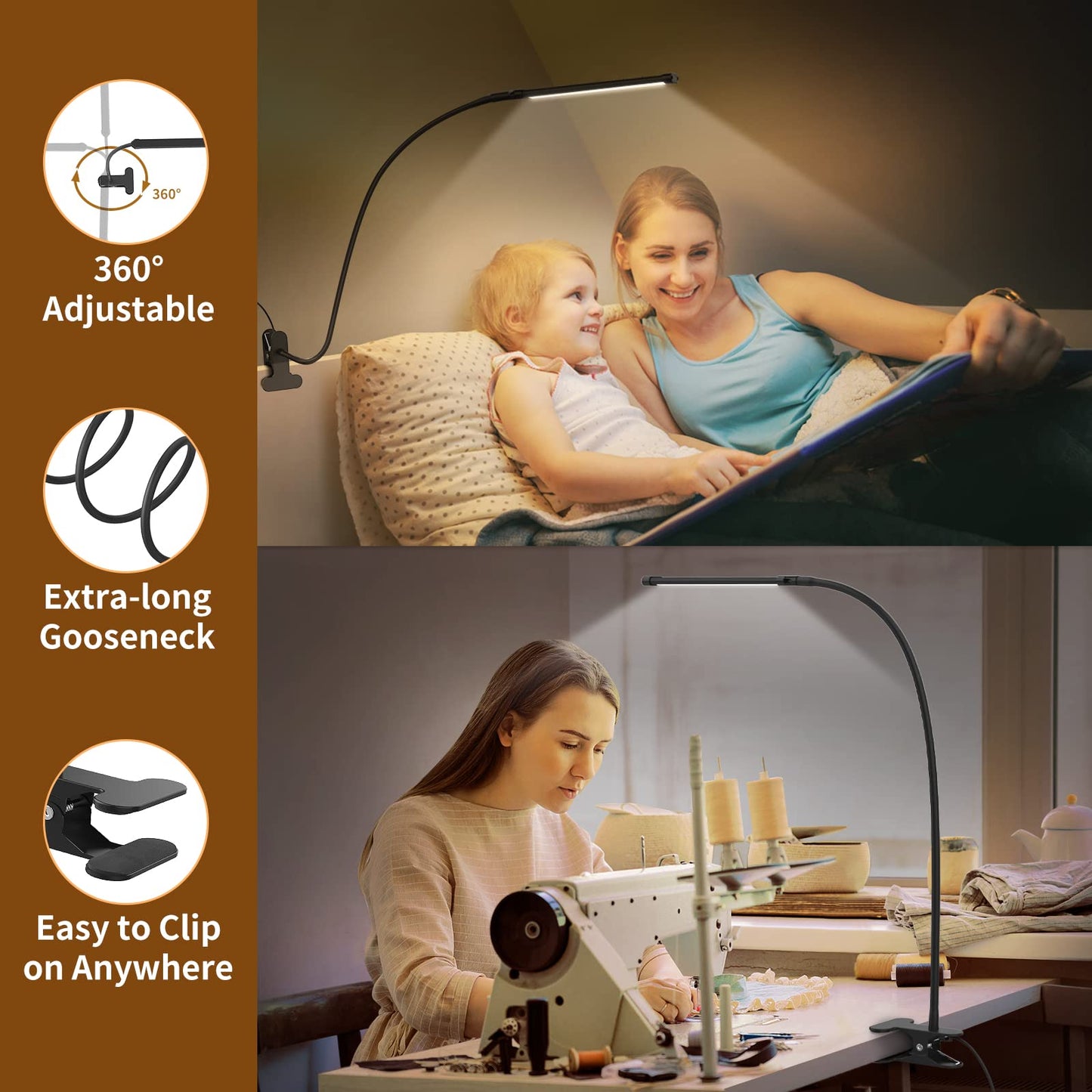 iZELL LED Desk Lamp for Home Office with Clamp [77 LEDs Light 3 Color Modes & 10 Brightness Levels] Flexible Gooseneck Book Lights, Easy Clip on Reading Headboard
