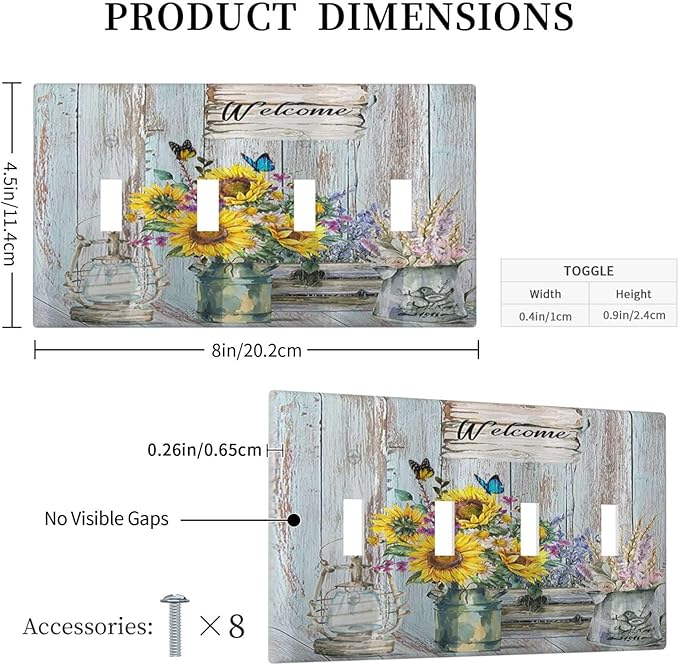 Sunflower Vintage Barn Wooden 4 Gang Decorative light switch plate Cover Sun floral Quad Toggle Wall Plate Covers Switchplate Electrical Faceplate Farmhouse Home Livingroom Decor