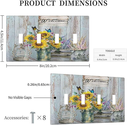 Sunflower Vintage Barn Wooden 4 Gang Decorative light switch plate Cover Sun floral Quad Toggle Wall Plate Covers Switchplate Electrical Faceplate Farmhouse Home Livingroom Decor