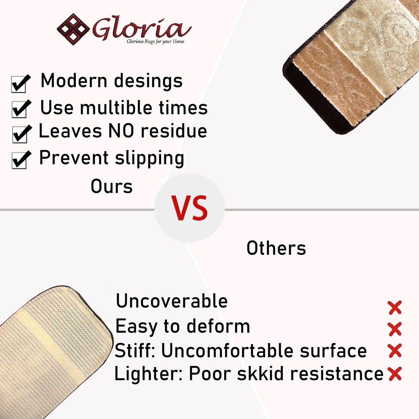 Gloria Rug High Pile Skid-Resistant Rubber Backing Gripper Carpet Stair Treads - Washable Stair Mat (Set of 7), 8.5" x 26" (2203 BGE)…