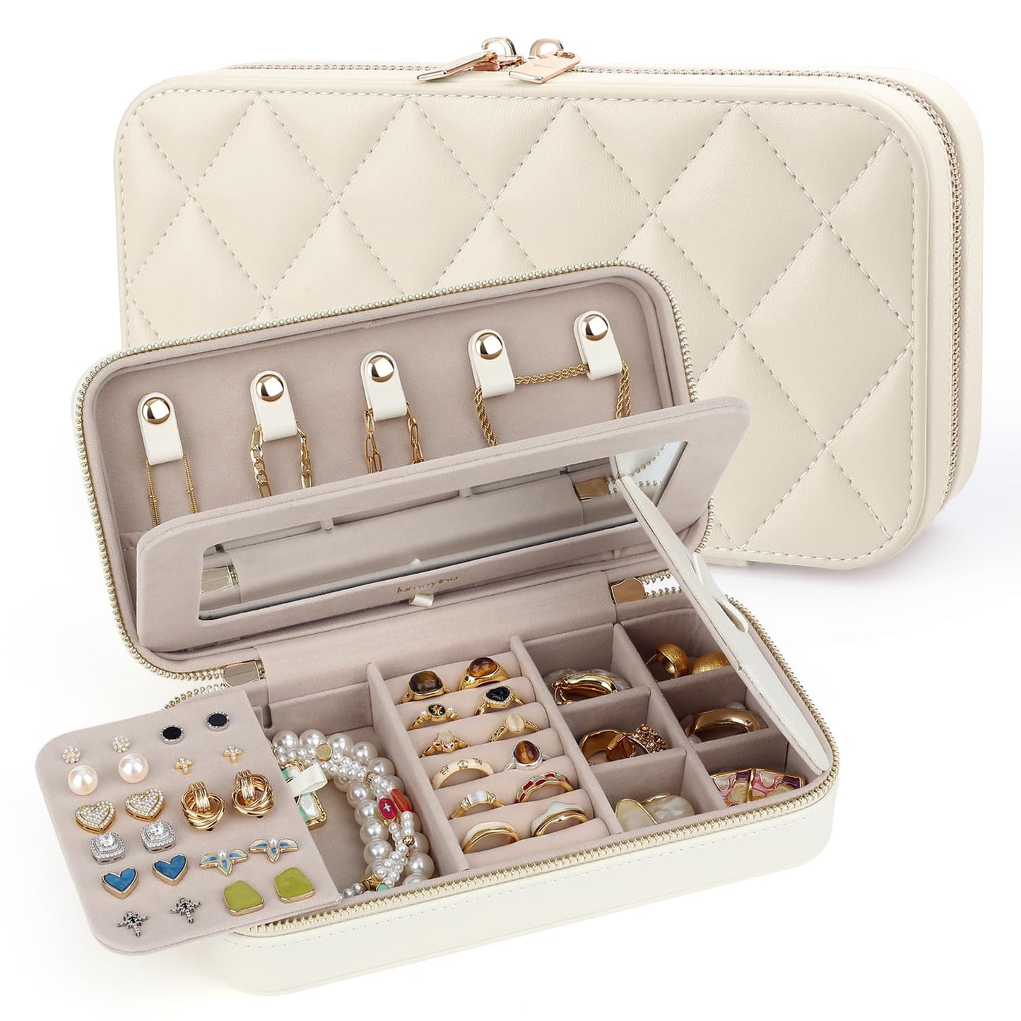 Lumayina Travel Jewelry Case with Mirror, Quilted Small Jewelry Box Organizer for Women Girls, Portable Earring Necklace Bracelet Ring Holder Storage for Travel Weekend Trips (Beige)