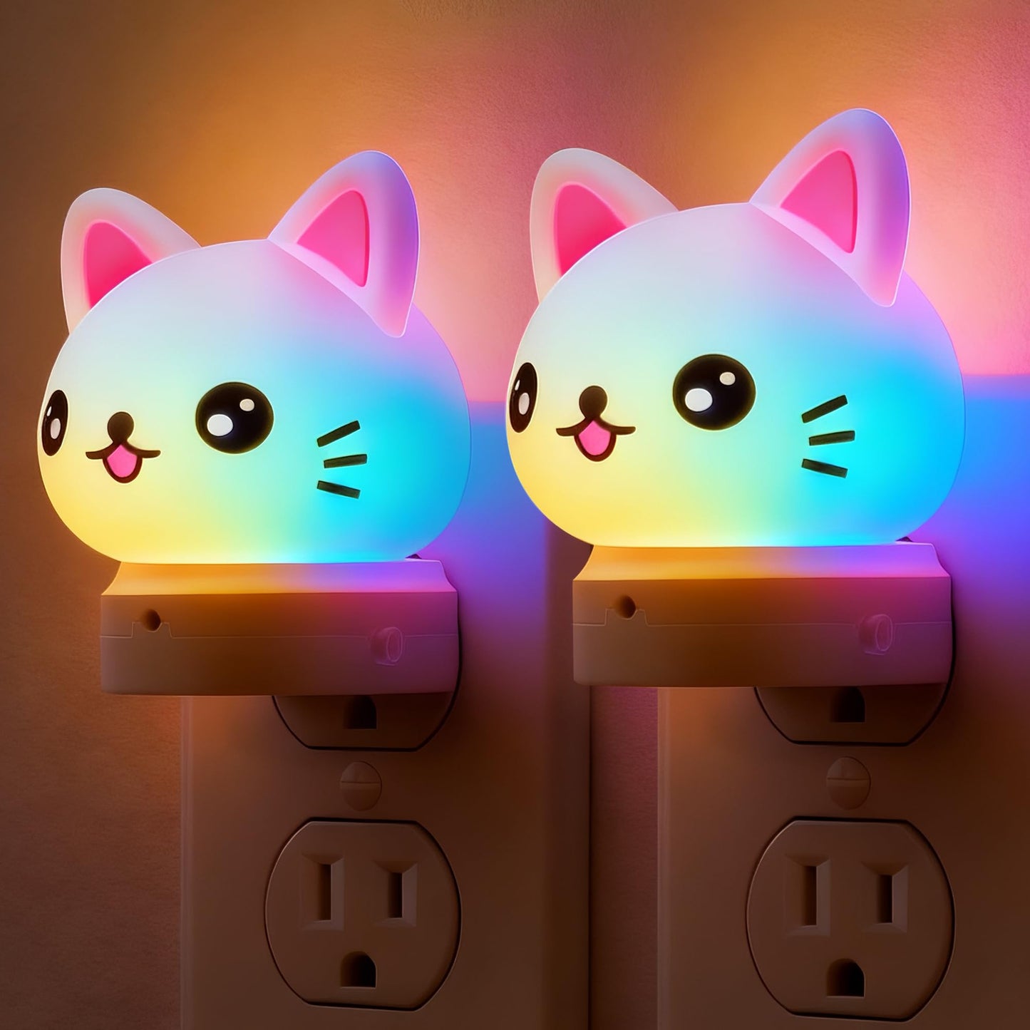 L LOHAS LED Plug in Night Light for Kids,2-Pack 3D Cute Cat Night Lights with Dusk to Dawn Sensor, RGB+Soft White 3000K Cat Night Light,Christmas Birthday Gift Nightlight for Kids,Room Decor