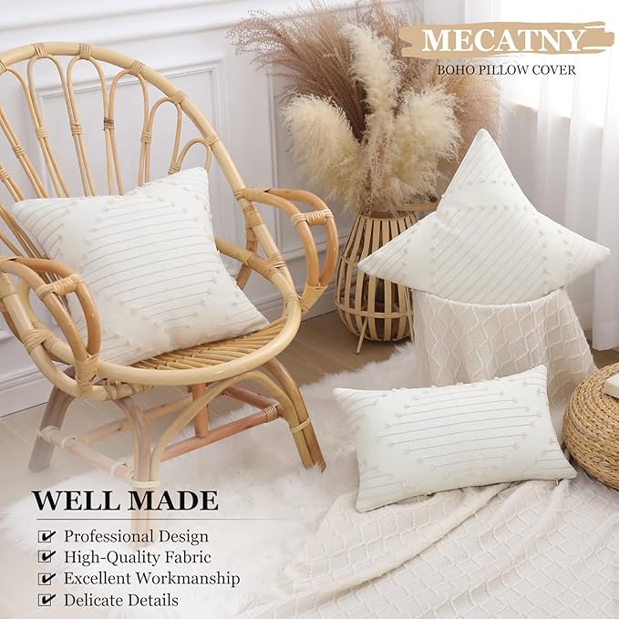 Mecatny Boho Outdoor Throw Pillow Covers 20X20 Set of 2, Farmhouse Decorative Pillow Covers for Couch Sofa Living Room, Beige & Cream White