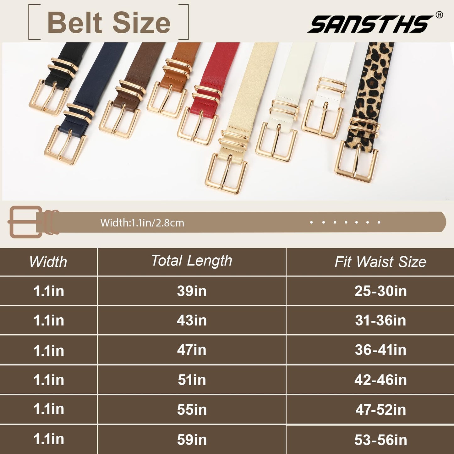SANSTHS 3 PACK Women Leather Belts for Jeans Pants Dresses Fashion Ladies Waist Belt with Gold Square Buckle,Black Coffee Beige,S
