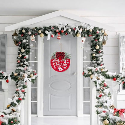 HOMCDALY Merry Christmas Welcome Sign for Front Door, Red X-mas Sign with Light, Holiday Door Decoration Wooden Hanging Sign, Christmas Decoration, Wall Art, Wall Decor(Red)