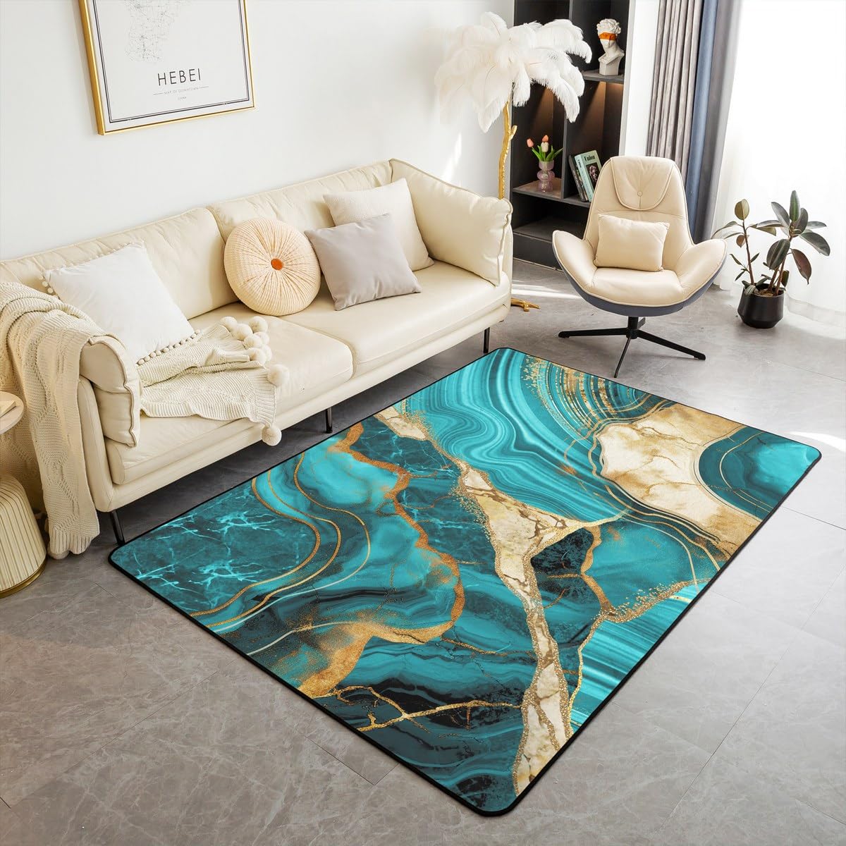 Teal Marble Area Rug 5x7, Gold Crack Rug, Abstract Metallic Texture Non Slip Carpet for Bedside, Luxury Shinny Boho Hippie Fluid Washable Decorative Rug for Living Room