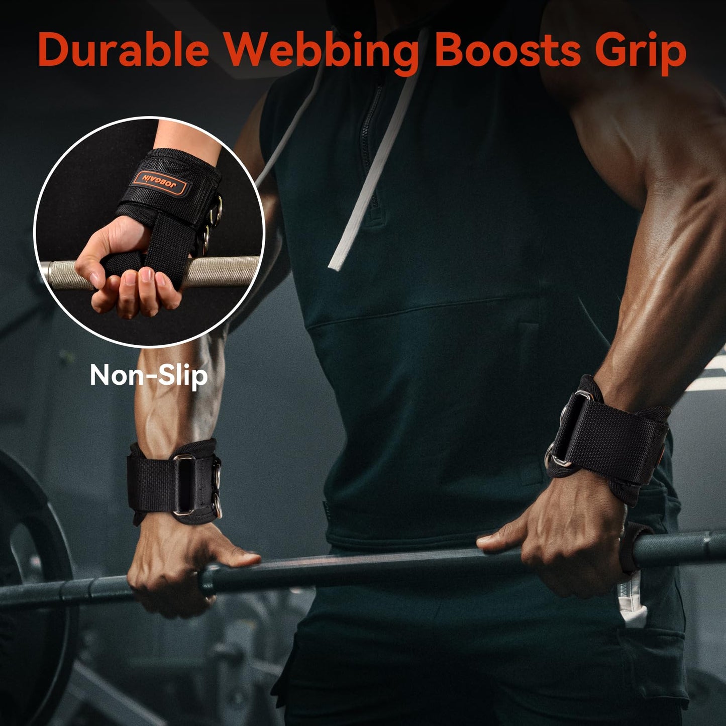 JOBGAIN 1 Pair Weight Lifting Straps with D Rings for Cable Machine Workout, Neoprene Padded Wrist Straps for Weightlifting Deadlifting, Non-Slip Wrist Support for Men Women, Black