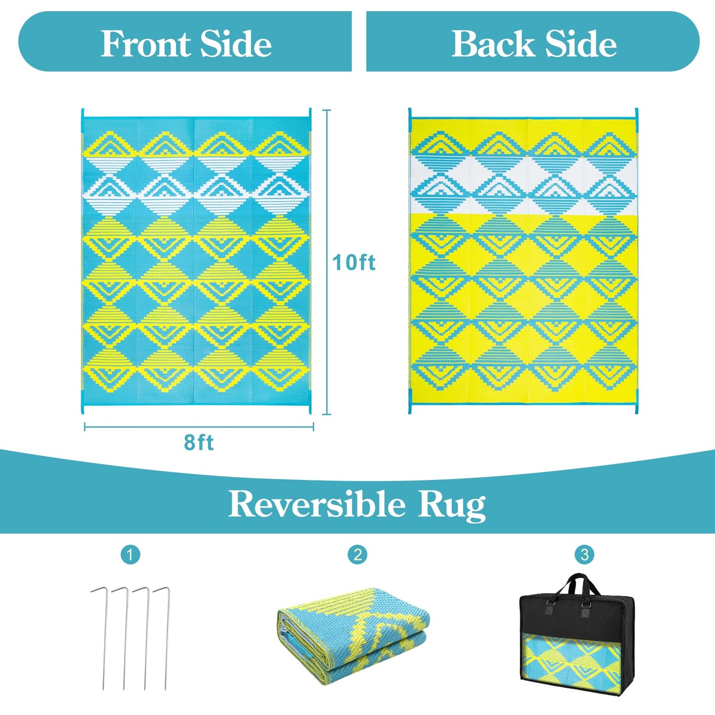Beeiva Outdoor Rug 8x10 Waterproof for Patio, Reversible Outdoor Patio Rug for Backyard, Deck, Blue Yellow