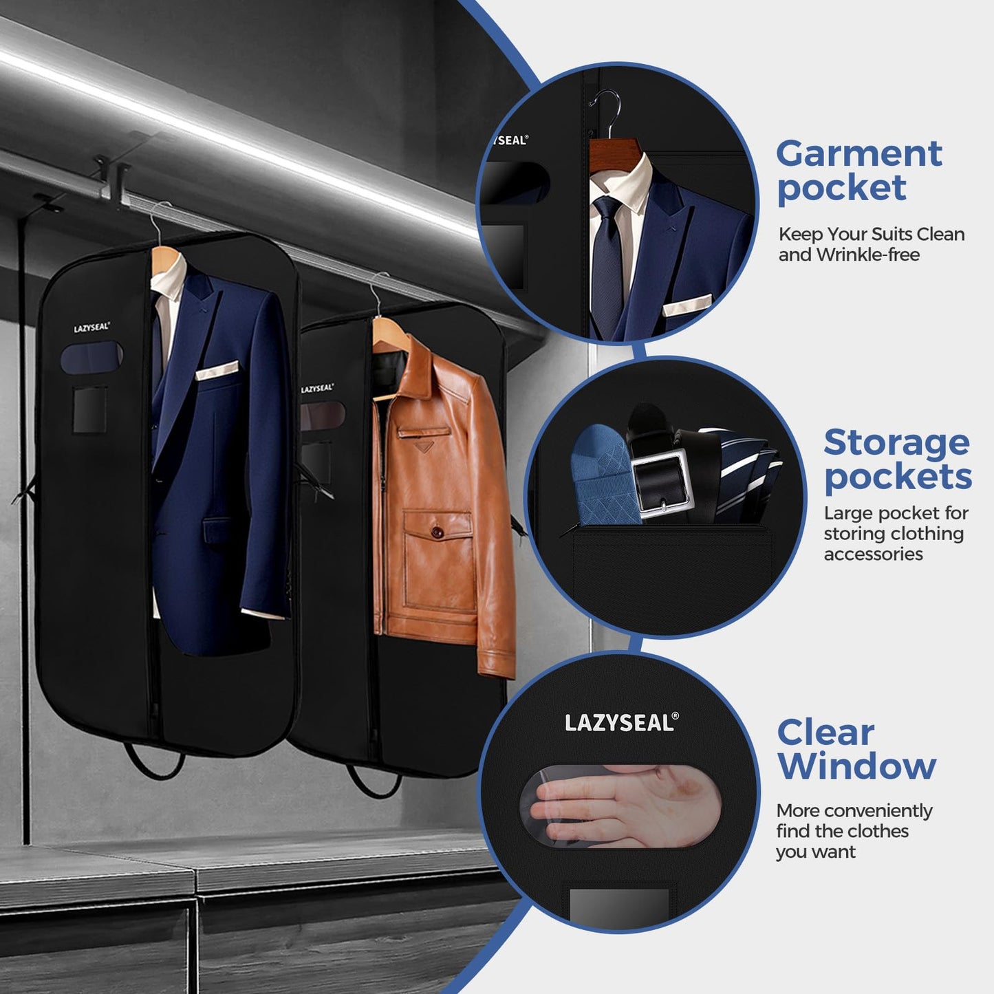 LAZYSEAL Garment Bag for Closet Storage and Travel 43-Inch Waterproof Dustproof Suit Luggage Bag Unisex Clothes Bag Durable 600D Oxford Fabric 2-in-1 Hanging Suit case Coat Bag for Man, Woman