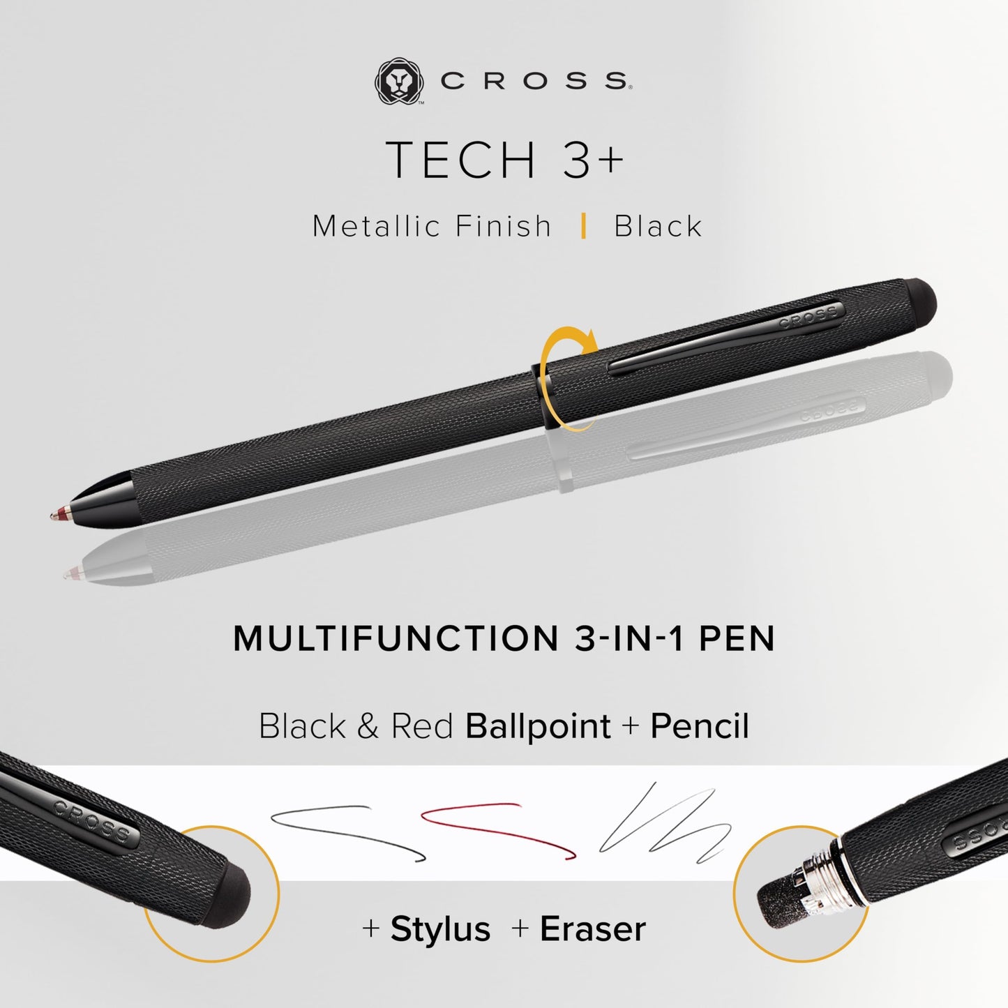 Cross Tech3+ Refillable Multi-Function Ballpoint Pen with Stylus, Medium Ballpen and Pencil, Includes Premium Gift Box - Brushed Black