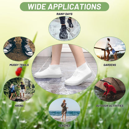 2 Pairs Shoe Covers for Rain with Storage Bag, Reusable Silicone waterproof shoe covers for Men & Women, Elastic Rain Shoe Covers for Rain, Mud, Outdoor, Garden - White (Large)