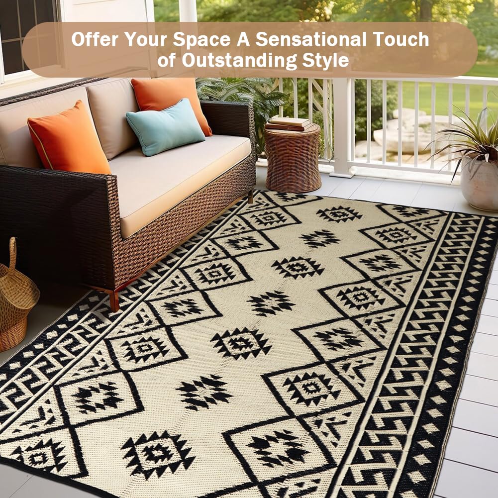 LILIOFFIC Outdoor Rugs - Outdoor Rug 8x10 Patio Rug Plastic Straw Rug Clearance Waterproof, Large Outdoor Area Rug Carpet for Outside, RV, Deck, Picnic, Beach, Camping, Black & Beige