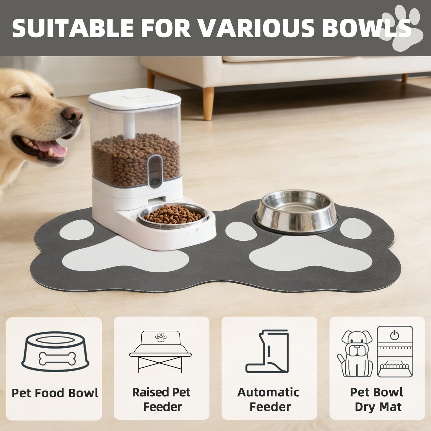 PUPTECK Dog Food Mat, Quick Absorbent Pet Cat Feeding Mat, Anti-Slip Dog Placemat for Food and Water Bowls with Rubber Backing, No Stains Floors Waterproof Indoor, Grayish Black & White 16"x24"