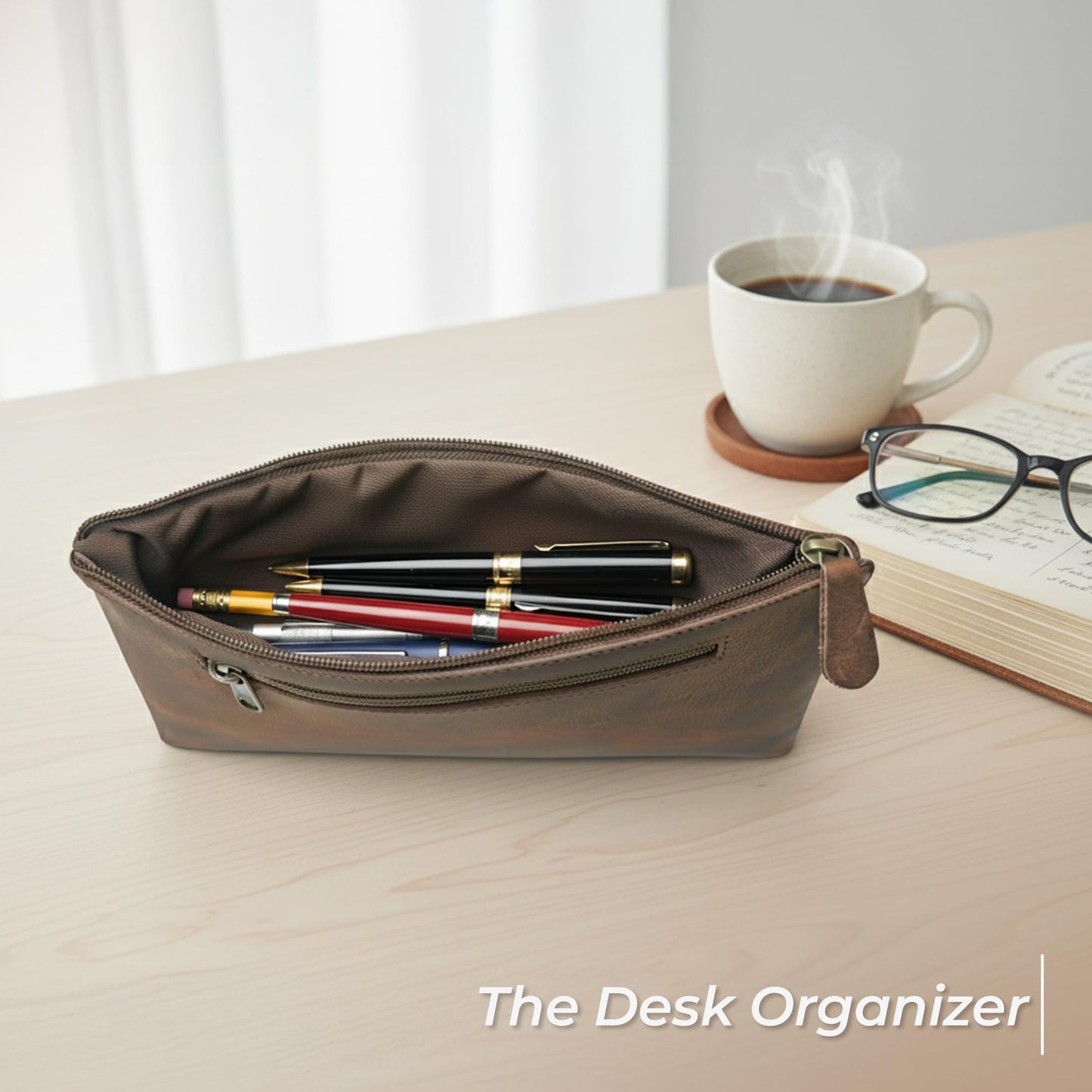 WANDERINGS Genuine Leather Pencil Pouch Case 9" x 5.25" - Hand Crafted Brown Leather Zipper Pouch - Slim Pencil Case Holder for Men and Women - Pencil Bag for Artists Students Professionals