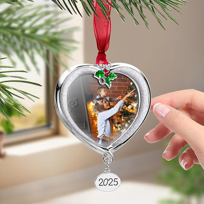 Christmas Tree Ornament Picture Frame Metal Hanging Pendant Holiday 2.5" Photo Frame Charm Decorative of Pets, Baby First Christmas, Family (2025 White)