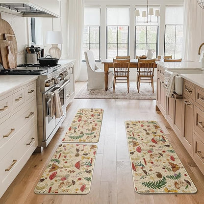 Artoid Mode Mushrooms Butterfly Spring Kitchen Mats Set of 3, Home Decor Low-Profile Kitchen Rugs for Floor - 17"x29"+17"x36"+17"x47"