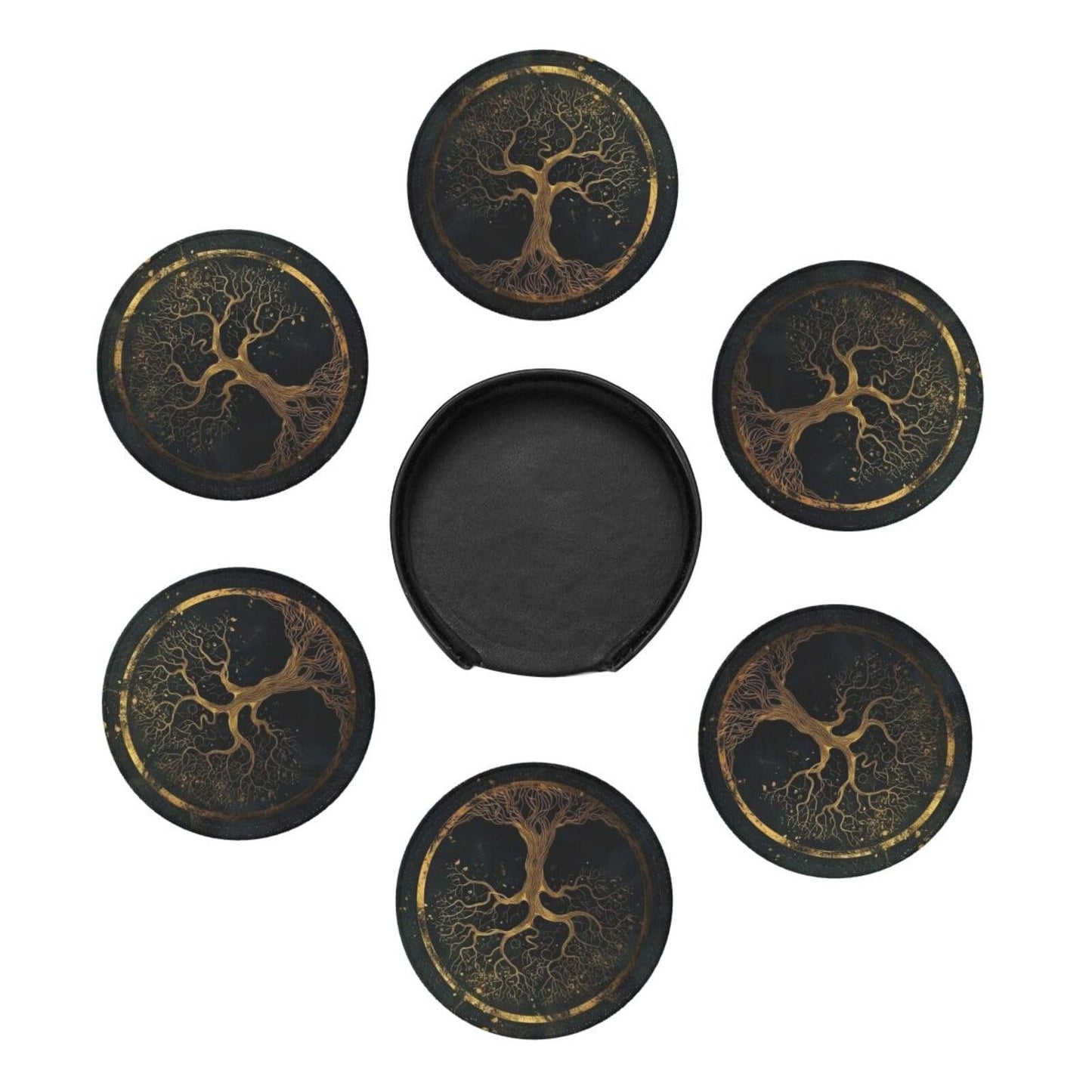 BOXIMIAO Drink Coasters with Holder Stand Set of 6, Marble Gold Tree of Life Pu Leather Absorbent Coasters with Cork Base Table Round Coaster for Housewarming Apartment Kitchen Bar Decor