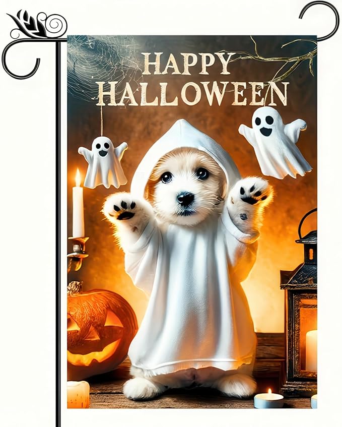 Double Sided Vertical Garden Flag - 12x18 Halloween Bichon Frise Dog Pumpkin Outdoor Decorative Flag for Yard, Lawn, Patio