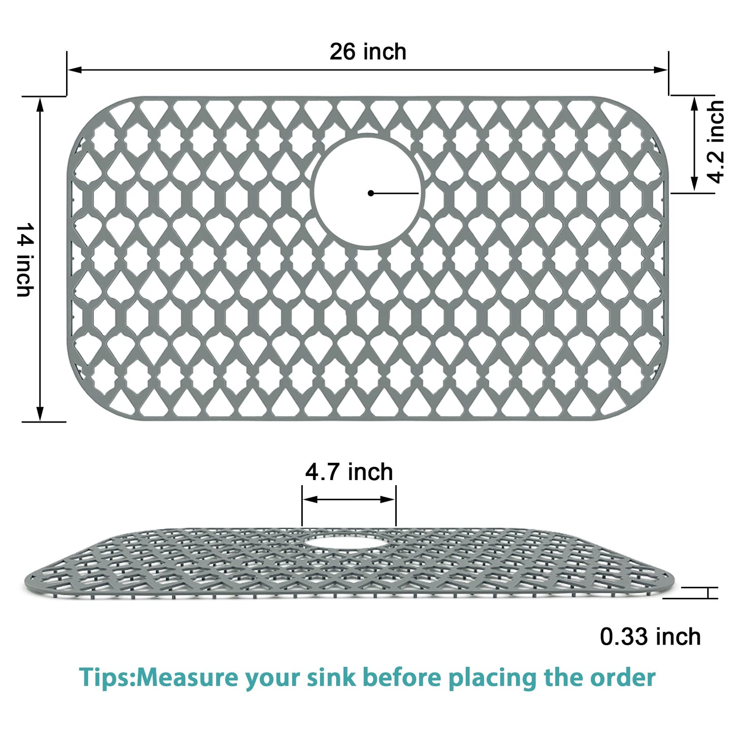 SAMSIER Silicone Sink Protectors Mats (13x11 & 14x12 & 16x12 & 18x16 & 19x14 & 21x16 & 22x13 & 25x16 & 26x14 & 28x14 & 30x16) for Bottom of Kitchen Sink (26”x14”, Rear Drain)
