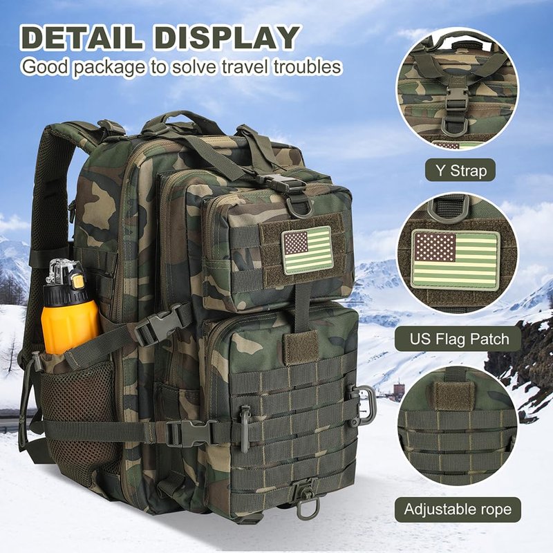 Hannibal Tactical 45L MOLLE Assault Backpack, Tactical Backpack Military Army Camping Rucksack with Bottle Holder, 3-Day Pack Trip w/USA Flag Patch, D-Rings, US Woodland