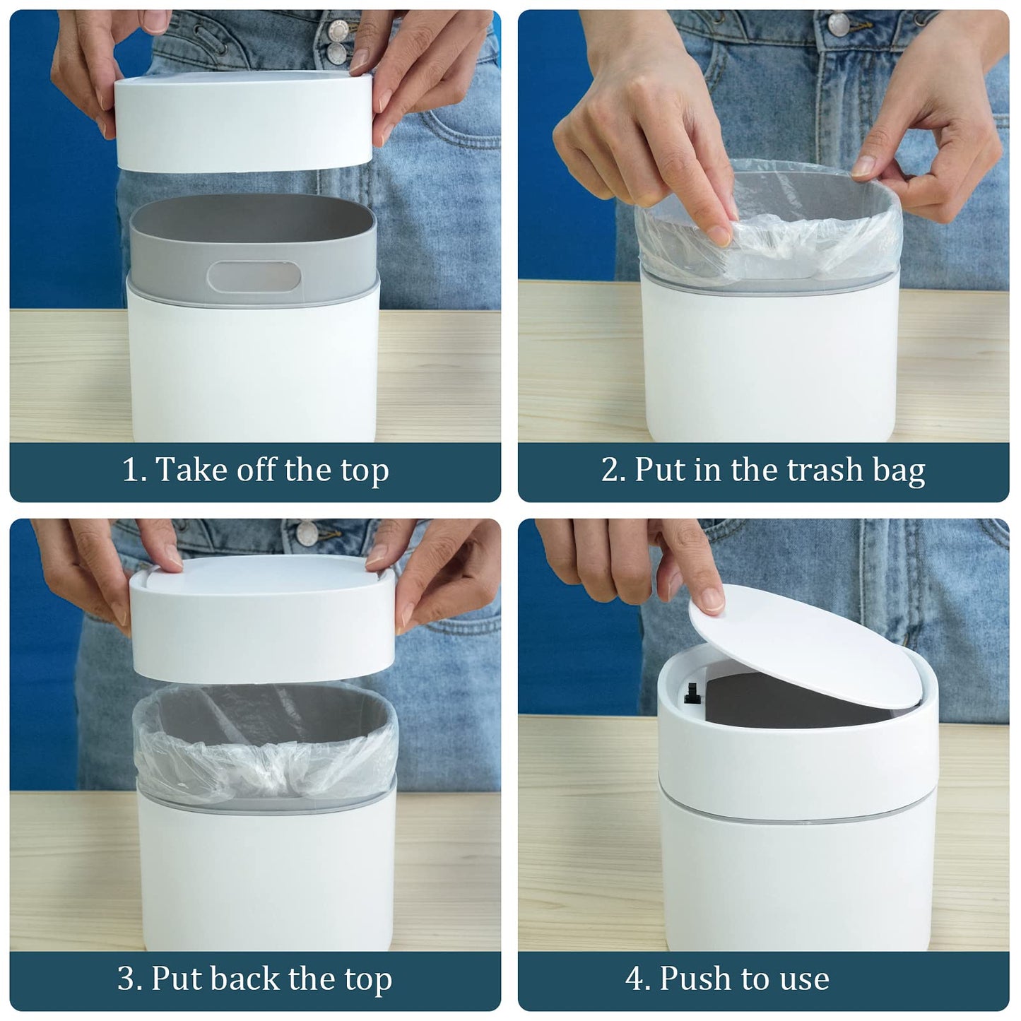 Business King Mini Desk Trash Can with Lid with Trash Bags 180 pcs Press-Top 0.5 Gallon Tiny Countertop Waste Basket Small Table Top Plastic Covered Garbage Bin for Desk Top