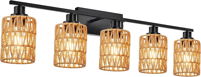 MELUCEE Farmhouse Bathroom Light Fixtures Rattan Wall Sconce 5 Light Bathroom Vanity Light with Rattan Lamp Shade, Black Finish, Suitable for Kitchen Hallway Living Room, 40.6 Inches Length
