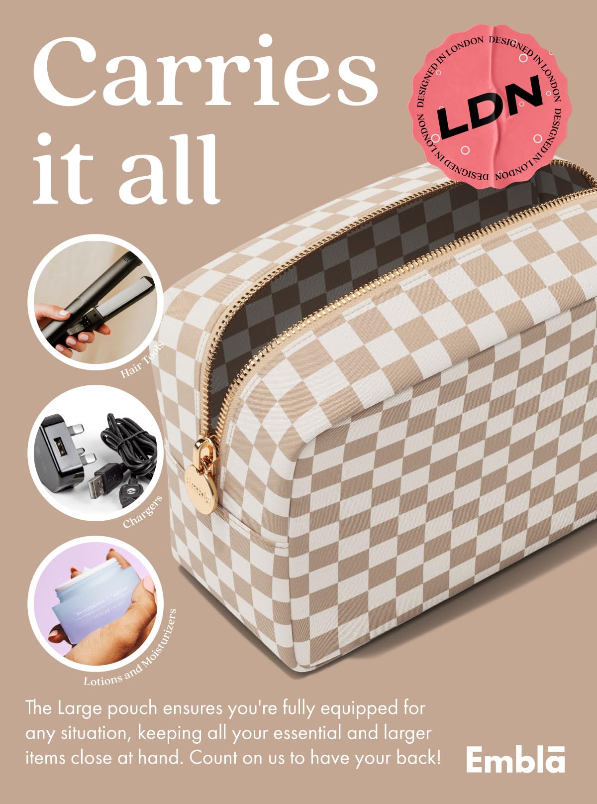 Embla Makeup Bag Travel Cosmetics Pouch and Toiletry Bag, Nylon Zipper Pouch Purse, Cute Make Up Organizer Storage Tote for Women Girls, Travel Skincare Case, Large Makeup Case, Sand Checkered