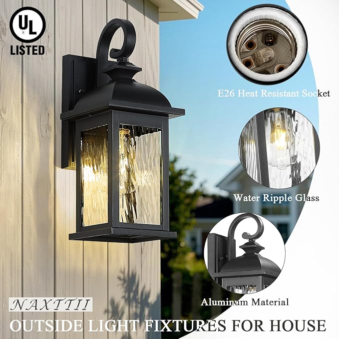Exterior Lighting Fixtures 15 Inch Black Outdoor Wall Lights with Water Ripple Glass for Porch Front Door E26 Socket