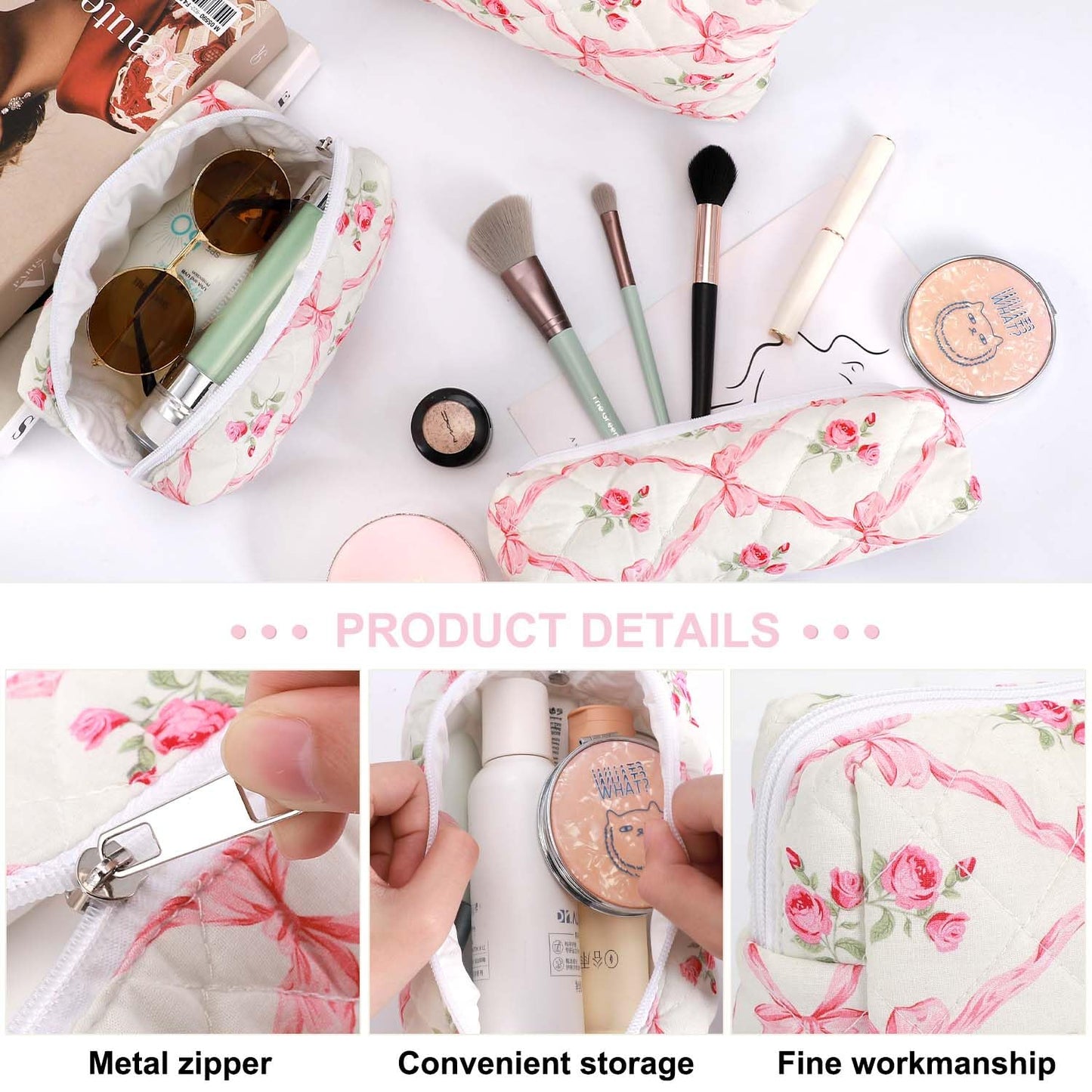 EIMMBD Makeup Bags 3 Pieces Large Capacity Floral Cosmetic Bag Travel Toiletry Bag Organizer Cute Makeup Bag Pouch Storage Bag for Women(Pink Floral)