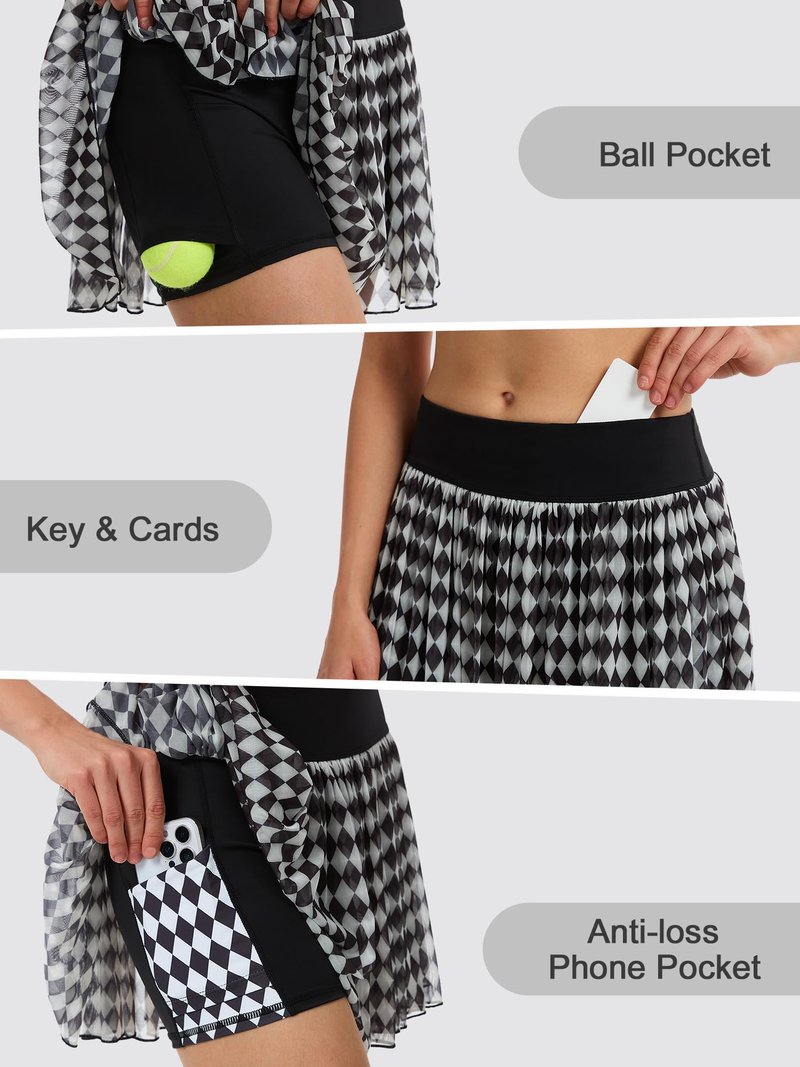 Ibeauti Tennis Skirts for Women Pleated High Waisted Flowy Golf Skirt Athletic Skorts Mini Mesh Pickleball Skirt with Pockets (US, Alpha, Medium, Regular, Regular, Black White)
